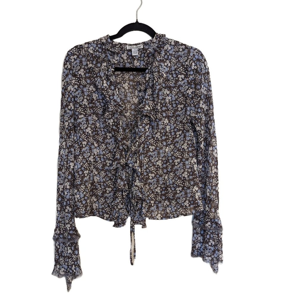 Lucky Brand Floral Sheer Tie Front Top Blue Size M